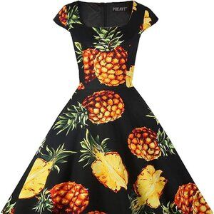 Black Pineapple Retro Cap Sleeve Swing Dress